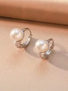 1 Pair/Gold & Silver Dual Color/Luxury Full Rhinestone & Pearl Ear Clips, Small Water Drop Pearl Hoop Earrings, Suitable For Commute, Versatile, Party, Evening Event Women's Accessories - Multicolor - View 3