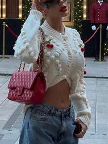 FOR BEAUTY Cardigan lavorato a maglia da donna, nuovo per primavera & autunno, color albicocca con decorazioni a ciliegia rossa, girocollo, maniche lunghe, top casual - Albicocca - Visualizzare 3