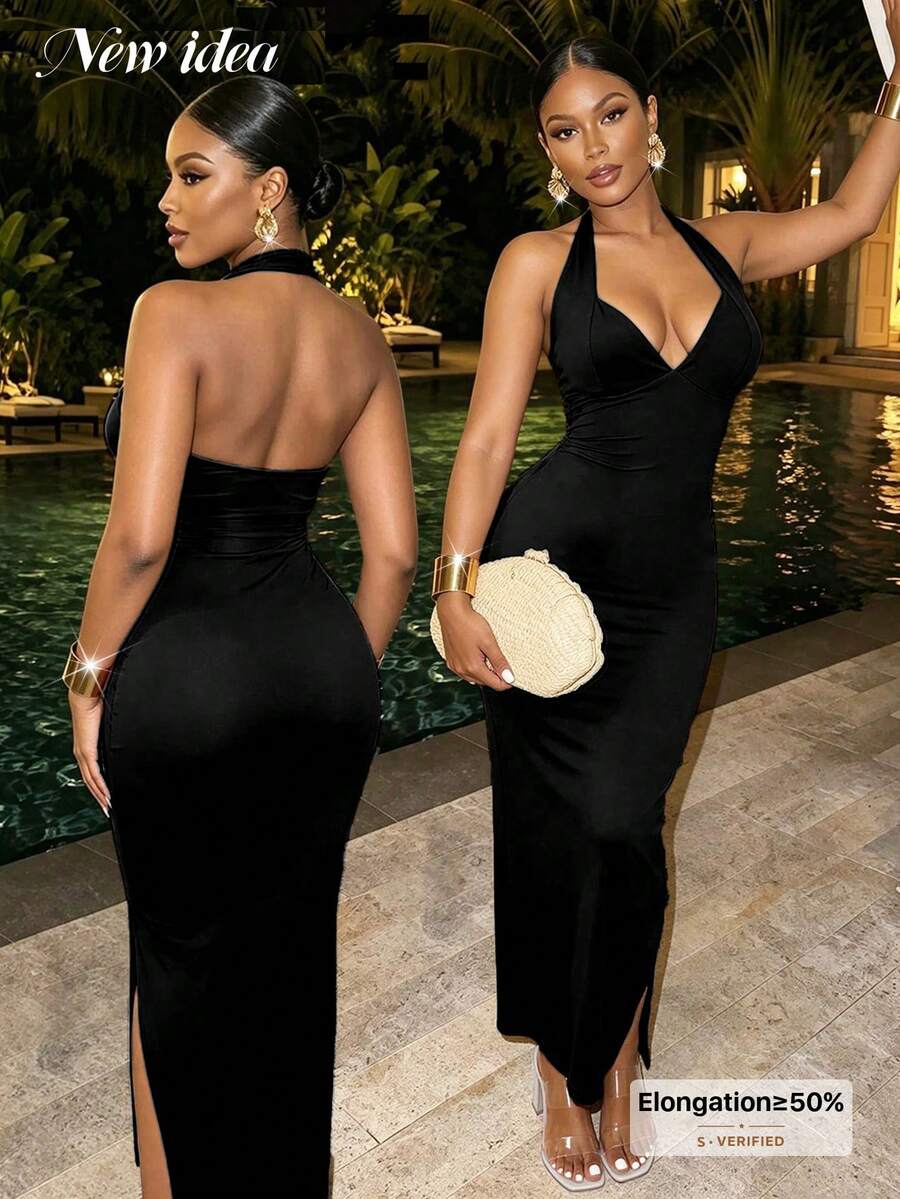NEW IDEA Women's Elegant Sexy Black Halter Neck Backless Slit Slim Fit Maxi Dress, Suitable For Summer Evening Party, Beach Vacation And Party Wear - Black - View 1