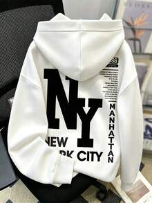 男士秋冬休閒連帽衛衣，印有「NY」縮寫元素，返校風格 - 白色 - 查看 2