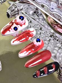 10PCS Women Almond Nails, Acrylic Fake Nails With 3D Eyeball Nail Charms & Glossy Blood Drip Nail Art, White Red Black Horror Striped Almond Cut, Handmade Spooky Gothic Press On Nails, Nail Supplies - Hot Pink - View 5