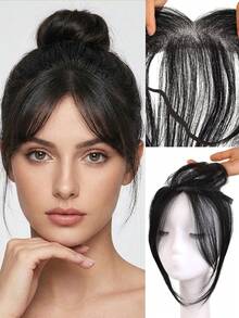 Synthetic Natural Topper Hair Straight Wig Hand Crochet Lace Base Topper Black Brown Hair Natural Black Synthetic Top Forehead Invisible Seamless Lace Net Natural Invisible Coverage For Gray Hair, With Hair Band And Hair Accessories - Multicolor - View 10