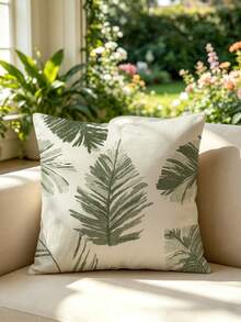 shangxia 1PC--Morandi Olive Green Hand-Painted Palm Leaf Print Pillowcase, Cream White Background Ink Brush Tropical Monstera Leaf Pattern Cushion, Living Room Wabi-Sabi Cream Style Soft Decor Pillow--(Pillow Insert Not Included)---(Multiple Sizes)---(No Embroidery)---(Single-Sided Print) - Multicolor - View 4