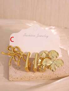 6-18pcs French Gilded Texture Multi-Style Earring Set, Niche High-End Flower & Bow C-Hoop Stud Earrings For Women, Essential Gift For Friends And Family - Gold - View 6