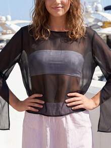 Women's Sheer Chiffon Long Sleeve Blouse Boat Neck Split Flare Sleeve Cropped Loose Casual Daily Office Fashion Tops Spring Summer Fall - Black - View 3