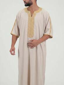 Áo choàng dài nam truyền thống Ả Rập tay ngắn dáng rộng thêu họa tiết Maroc, Kaftan văn hóa Abaya nam cho lễ hội Hồi giáo - Rượu sâm banh - Xem 1