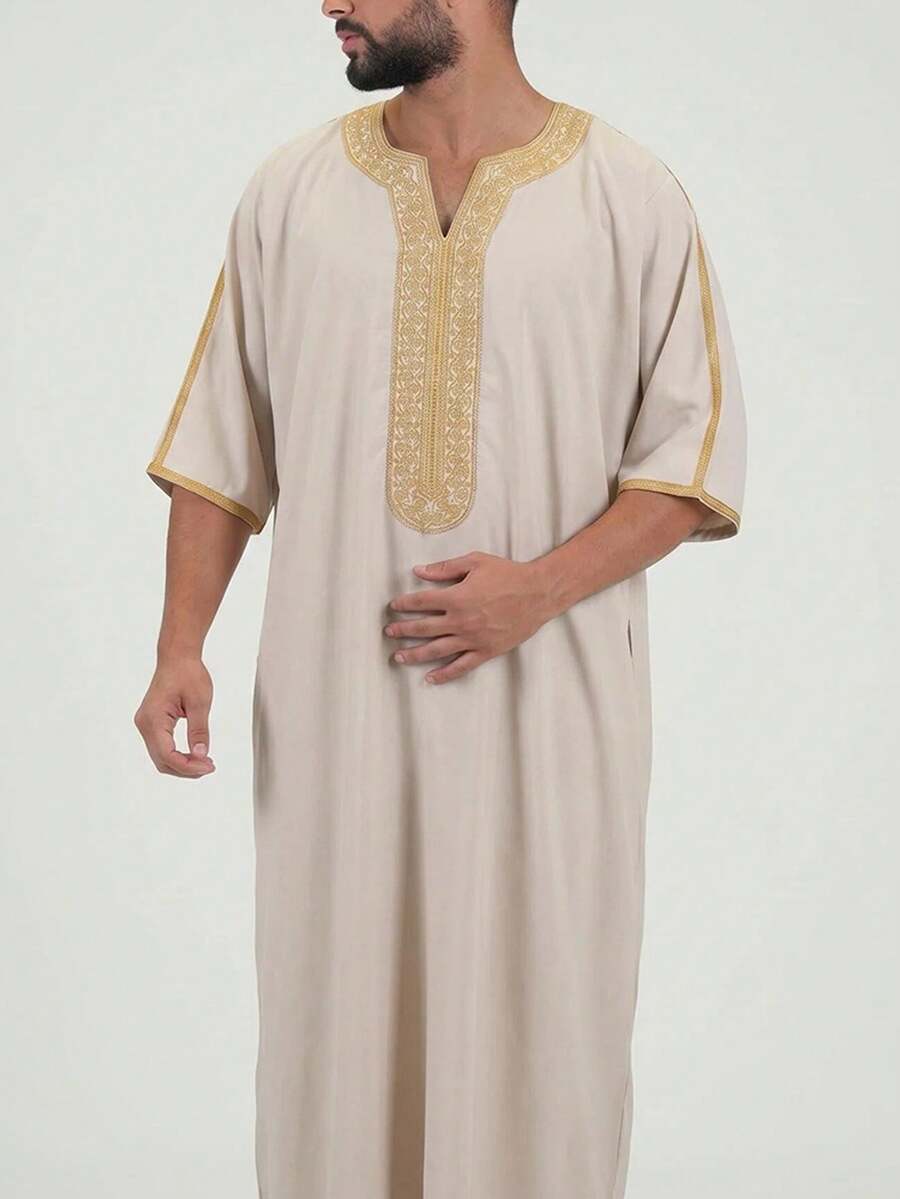 Áo choàng dài nam truyền thống Ả Rập tay ngắn dáng rộng thêu họa tiết Maroc, Kaftan văn hóa Abaya nam cho lễ hội Hồi giáo - Rượu sâm banh - Xem 1