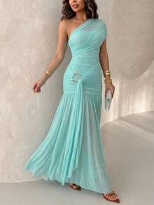 ChicMe Women's Pleated Mesh Dress With Gold Buckle, High Slit Fitted Evening Gown For Party - Baby Blue - View 9