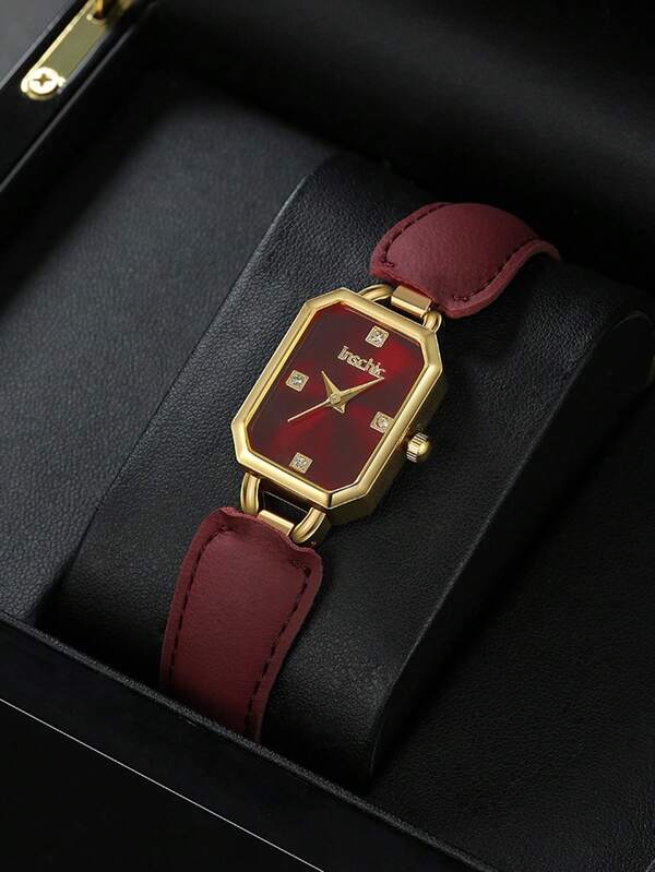 Women's Vintage Octagonal Rectangular Quartz Watch, Rhinestone Decorated Dial, Leather Strap, Elegant Casual Formal Wristwatch