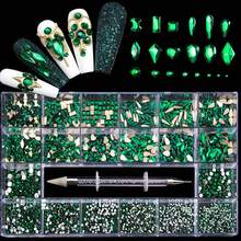 Nail Art Flatback Rhinestone Set, 21 Grids With 2500pcs Round Shape And 600pcs Flatback Asymmetric Shape Gems, With Adhesive Pen, Suitable For Diy Nail Decoration - 墨綠色 - 查看 4
