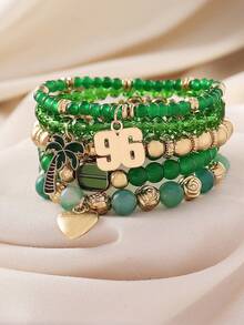5pcs Saudi Arabia 96th National Day Palm Tree & Number Heart Pendant Green Beaded Layered Bracelet Set, Suitable For Women's Daily, Holiday, Party, Gathering, Nightclub, Celebration, Carnival Matching Wear - Green - View 10