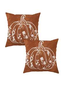 1/2/4pcs Caramel Brown Vintage Pumpkin Print Decorative Pillow Covers, White Line Wildflower Pumpkin Square Cushion Covers, Suitable For Autumn, Thanksgiving, Country Farmhouse Sofa Home Decor - Multicolor - View 14
