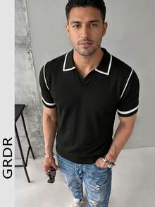 GRDR Men's New Striped Casual Knit Polo Shirt T-Shirt Short Sleeve Top - Black - View 3