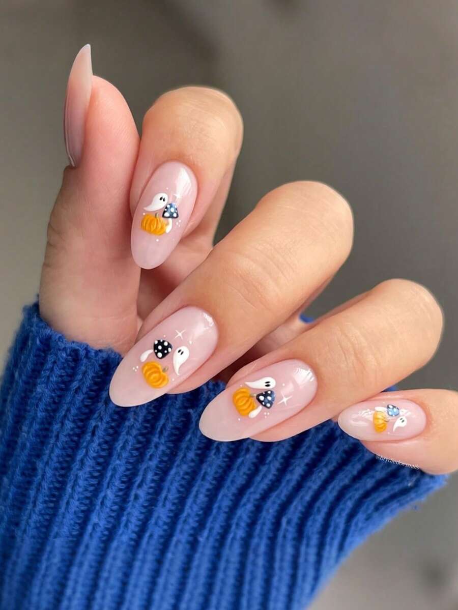 24 Stück mandelförmige Press-On-Nägel, süße Mini-Geister-Kürbis-Polka-Dot-Pilz-Acryl-Nagelspitzen, Nagelkunst-Accessoires für Frauen, weiches minimalistisches süßes Halloween-Design, geeignet für Halloween-Party, Trick or Treat, Herbst-Date, Reisefotografie - Verschiedenfarbig - Übersicht 1