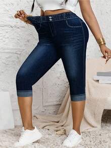 Celana Capri Slim Fit Motif Denim Ukuran Plus Wanita, Desain Ujung Bawah Berlipat Palsu, Legging Elastis Sedang, Ciptakan Tampilan Musim Gugur yang Modis untuk Liburan Musim Panas - Navy Blue - View 4