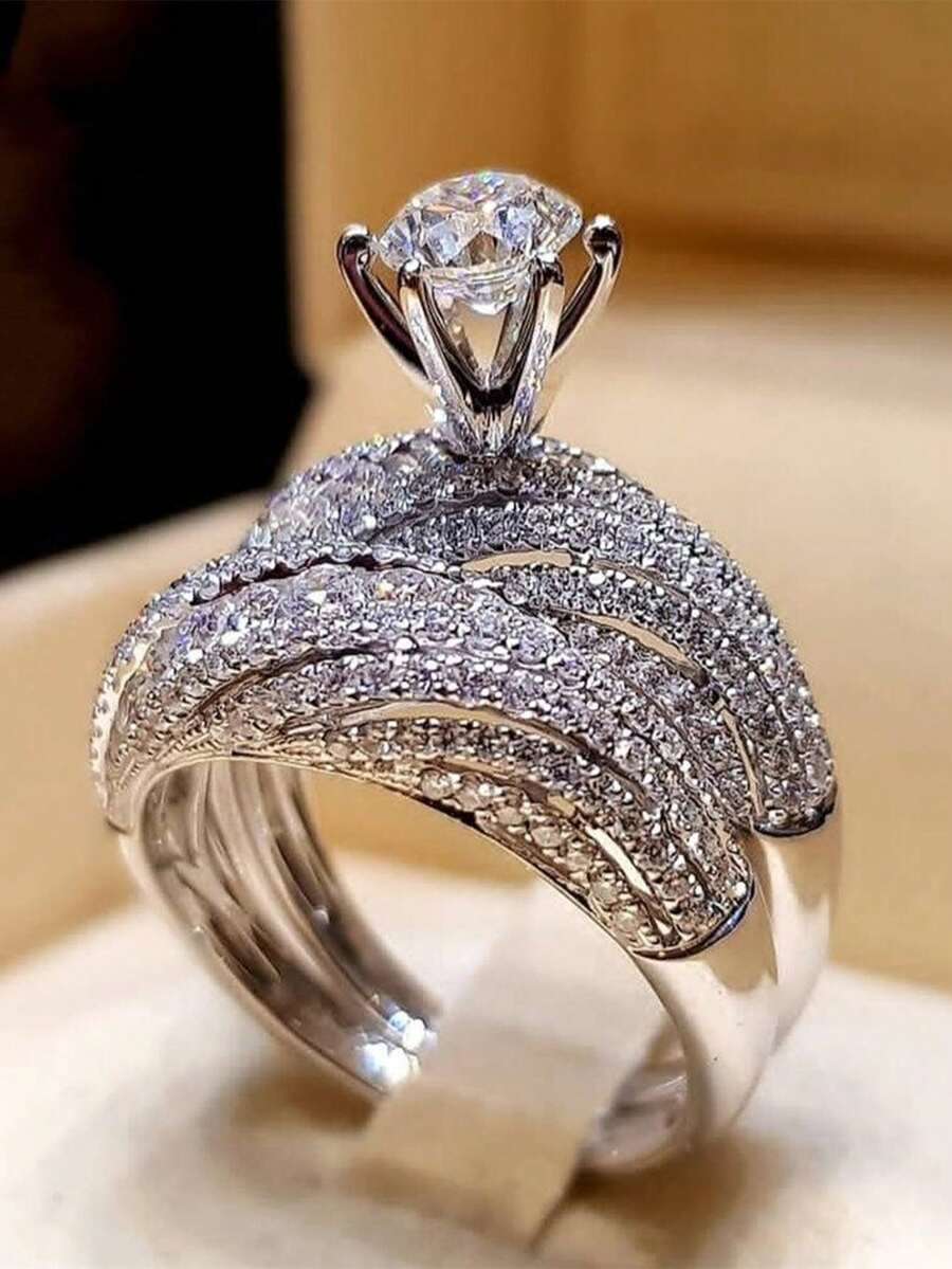 2組優雅女士立方鋯石戒指,婚禮訂婚派對珠寶,情人節禮物 - 銀色 - 查看 1