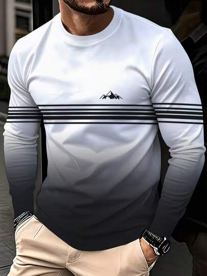 Men's Gradient Color Casual Long Sleeve Crew Neck T-Shirt, Regular Fit, Suitable For Sports Training, Outdoor Activities And Daily Wear