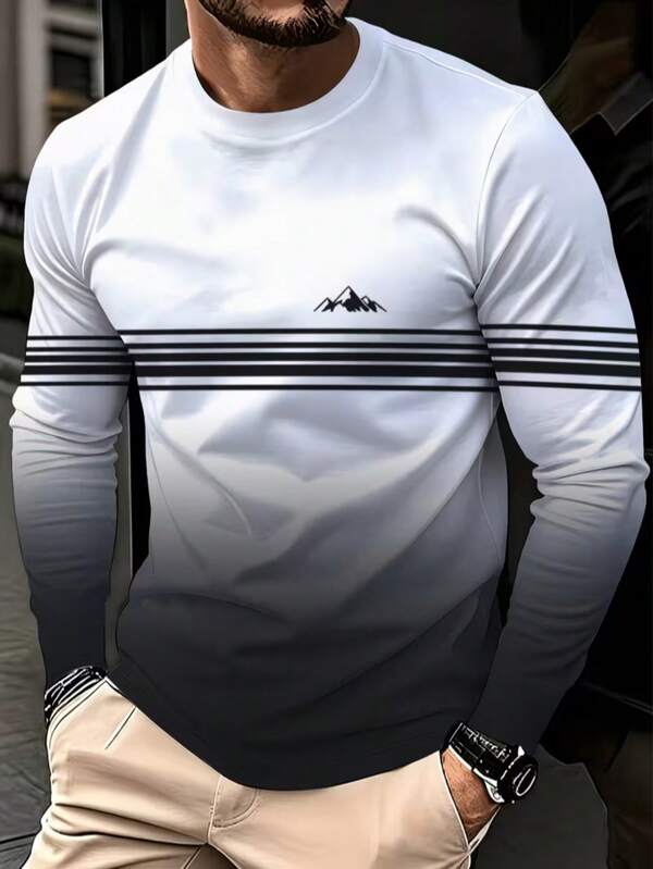 Men's Gradient Color Casual Long Sleeve Crew Neck T-Shirt, Regular Fit, Suitable For Sports Training, Outdoor Activities And Daily Wear