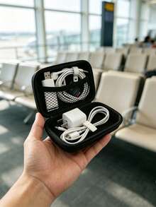 Portable Mini Transparent Zipper Storage Bag, Letter Gold-Trimmed Towel Embroidered Digital Storage Pouch, Black Waterproof Hard Shell Data Cable Earphone Organizer Box, Double-Layer Partition Anti-Pressure Anti-Drop Portable Storage Bag, College Style Customizable Initial; Suitable For All Seasons, Ideal For Students, Office Workers, Travel And Business Trips, Fits Back To School, Commuting, Short Trips, Can Store Charging Cables, Charging Heads, USB Drives, Simple Neutral Portable Digital Storage Bag, Creative Back To School Gift - Multicolor - View 6