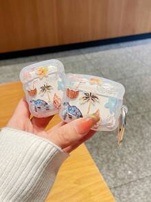 1件波浪邊夏季海灘海龜與椰子樹耳機保護殼，半透明磨砂防摔耳機套，附金屬掛鉤，印有島嶼海灘元素（海龜、椰子樹、貝殼、扶桑花、椰子飲品） - 彩色 - 查看 3