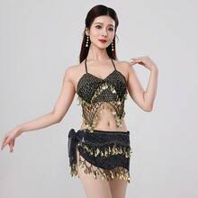 Women's Belly Dance & Style Costume (Bra + Waist Chain), Fringed Dance Top, Slit Skirt, Wrap-Around Skirt, Bohemian, Retro, Sari-Inspired Design,Hip Wrapped Skirt, Dance Skirt, Bohemian, Retro Style, Saree Sari Inspiration. - Multicolor - View 11