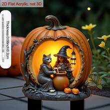 2D Flat Acrylic Soil Sign, Pointed Design, Featuring Witch And Cat In Pumpkin, Enhances Flower Pot As Garden Decor, Perfect For Outdoor Yard Decoration And Halloween Decor - A - View 4