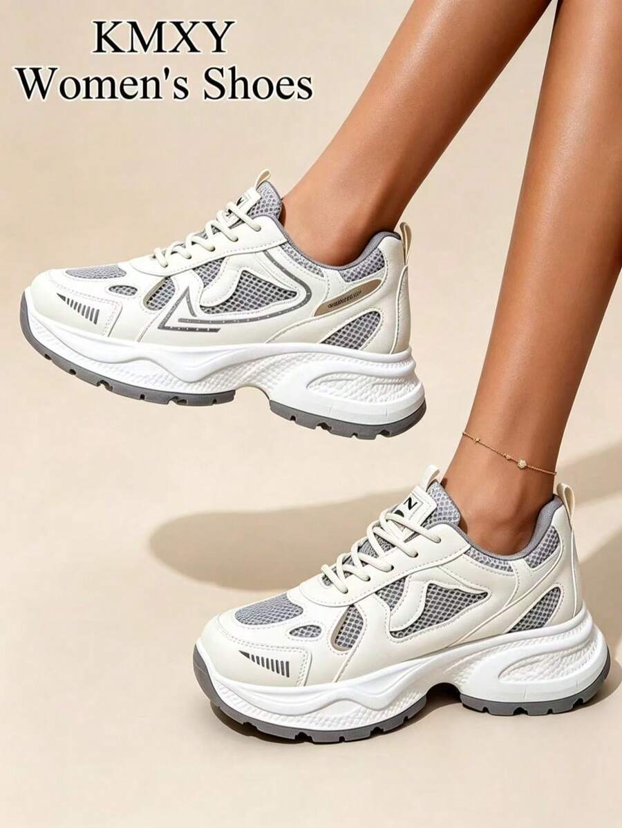 女款厚底增高運動鞋 春/秋 INS 顯瘦 防滑 輕量 透氣網布休閒跑步鞋 - 灰色 - 查看 1