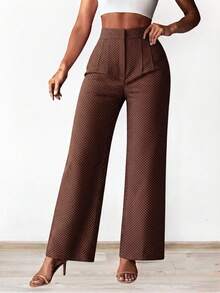 Pantalón Mujer Elegante y Moderno.  Tiro Alto y Pierna Amplia. Tela Ligera y Fresca. Confeccionado en Poliéster Liviano con Elastano. Tela Millenium Stretch, Poliéster con Elastano - Café Lunares - Ver 1