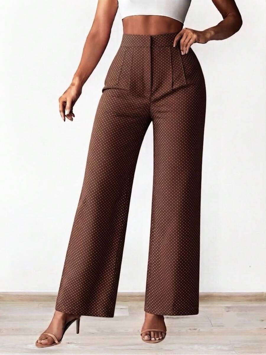 Pantalón Mujer Elegante y Moderno. Tiro Alto y Pierna Amplia. Tela Ligera y Fresca. Confeccionado en Poliéster Liviano con Elastano. Tela Millenium Stretch, Poliéster con Elastano - Café Lunares - Ver 1