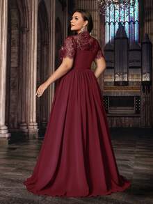 Gaun Panjang Elegan Ukuran Plus Berpayet, Renda, Chiffon untuk Pengiring Pengantin, Tamu Pernikahan, Musim Semi/Musim Panas, Gaun Formal, Koktail, dan Malam Hari - Burgundy - View 2