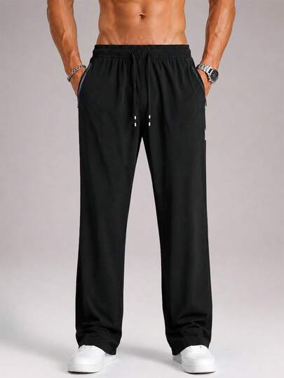 CZRLHYT Pantalones de pierna ancha de unicolor con estilo deportivo y bolsillos con cremallera, adecuados para actividades al aire libre, fitness y uso casual diario para hombres