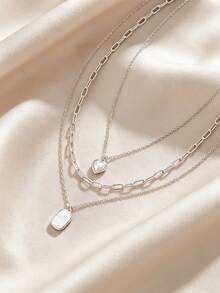 3 PiecesVintage Stainless Steel Necklace Set For Women Featuring Heart And Square Mother-Of-Pearl Pendants – Perfect For Everyday Layering - Silver - View 4