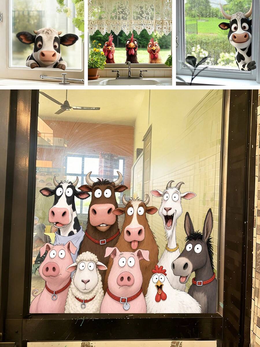 1/3 張卡通農場動物窗貼靜電貼紙，可愛兒童房裝飾，可重複使用玻璃窗貼，適用於嬰兒房、遊戲室、教室 - 彩色 - 查看 1