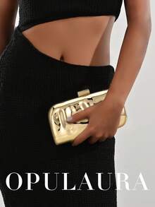 OpulAura 1件金色歐美風女款壓克力晚宴手拿包，不對稱方盒設計搭配撞色扣環，適合派對、宴會/婚禮、情人節場合 - 金色 - 查看 8