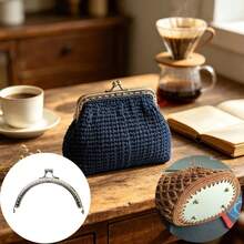 2pcs Set 8.5cm Half-Circle Silver Perforated Metal Frame + 14.5cm Oval PU Studded Bag Bottom, Handmade Crochet Coin Purse DIY Accessories, Knitting Craft Beginner Small Bag Supplies - Multicolor - View 2
