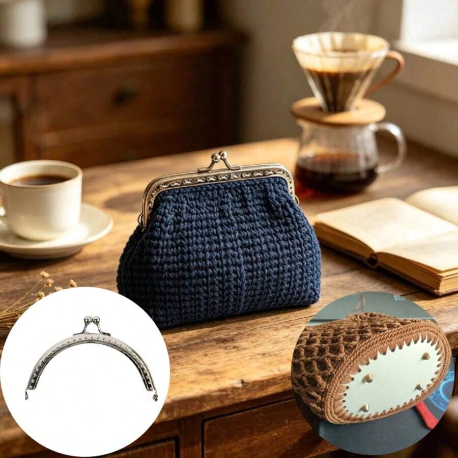 2pcs Set 8.5cm Half-Circle Silver Perforated Metal Frame + 14.5cm Oval PU Studded Bag Bottom, Handmade Crochet Coin Purse DIY Accessories, Knitting Craft Beginner Small Bag Supplies