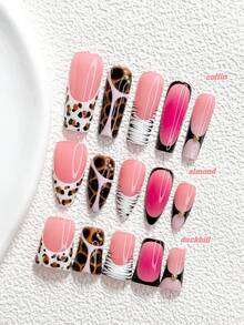 10Pcs Sweet Girl Style Handmade Press On Nail,Polygel Nail Set,Features Leopard Print Elements,Black And White Nail Polish,Personality Style,Includes Nail Tools,3 Sizes Available,Almond,Duck,Coffin Nails For Party,Dance,Daily Wear. - 彩色 - 查看 1