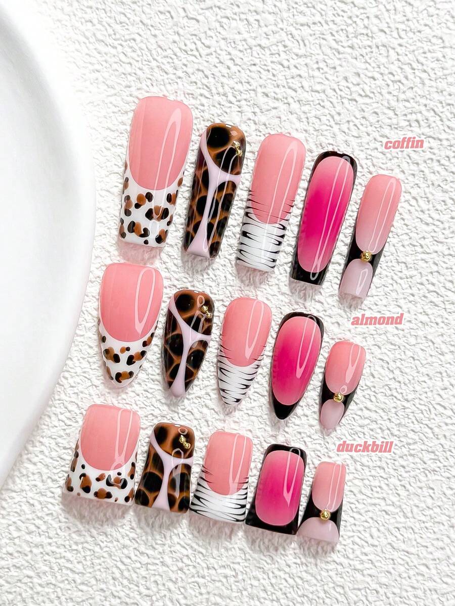 10Pcs Sweet Girl Style Handmade Press On Nail,Polygel Nail Set,Features Leopard Print Elements,Black And White Nail Polish,Personality Style,Includes Nail Tools,3 Sizes Available,Almond,Duck,Coffin Nails For Party,Dance,Daily Wear. - 彩色 - 查看 1