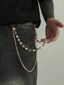 1pc Vintage Colorful Rhinestone Cross & Pearl Double Layer Pants Chain, Men's American Street Style Jeans Waist Chain - Cross Diamond Trouser Chain - View 1
