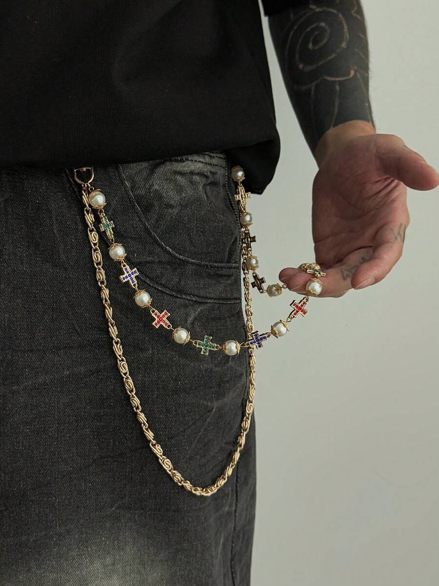 1pc Vintage Colorful Rhinestone Cross & Pearl Double Layer Pants Chain, Men's American Street Style Jeans Waist Chain - Cross Diamond Trouser Chain - View 1