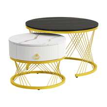 Set Of 2 Elegant Modular Coffee Table Set – Table With Drawers – Black And Gold - Black - View 5