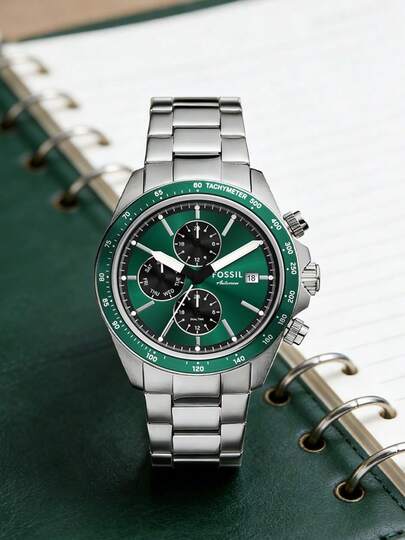 Fossil Men's BQ2878 Quartz Chronograph Watch, Green Radial Dial, Stainless Steel Waterproof Sports Watch
