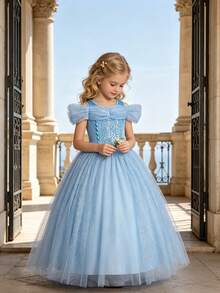 4pcs/Set Girls Light Blue Floral Pattern Tulle Petal Sleeve Dress, Crown, Magic Wand, Handbag Set, Children's Role Play Dress Outfit For Party, Christmas, Carnival - Light Blue - View 4