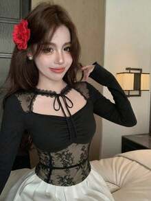 Kaos Lengan Panjang Model French Style dengan Hiasan Renda dan Tali Pengikat untuk Wanita, Atasan Lapisan Dasar Musim Gugur Slim Fit - Hitam - View 6