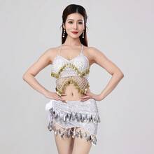 Women's Belly Dance & Style Costume (Bra + Waist Chain), Fringed Dance Top, Slit Skirt, Wrap-Around Skirt, Bohemian, Retro, Sari-Inspired Design,Hip Wrapped Skirt, Dance Skirt, Bohemian, Retro Style, Saree Sari Inspiration. - Multicolor - View 12