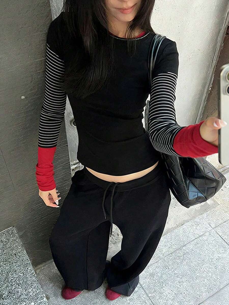 Women's Patchwork Contrast Color Long Sleeve T-Shirt, Slim Fit 2 In 1 Layering Top, Striped Blouse (Random Stripes) Casual Black - Black - View 1