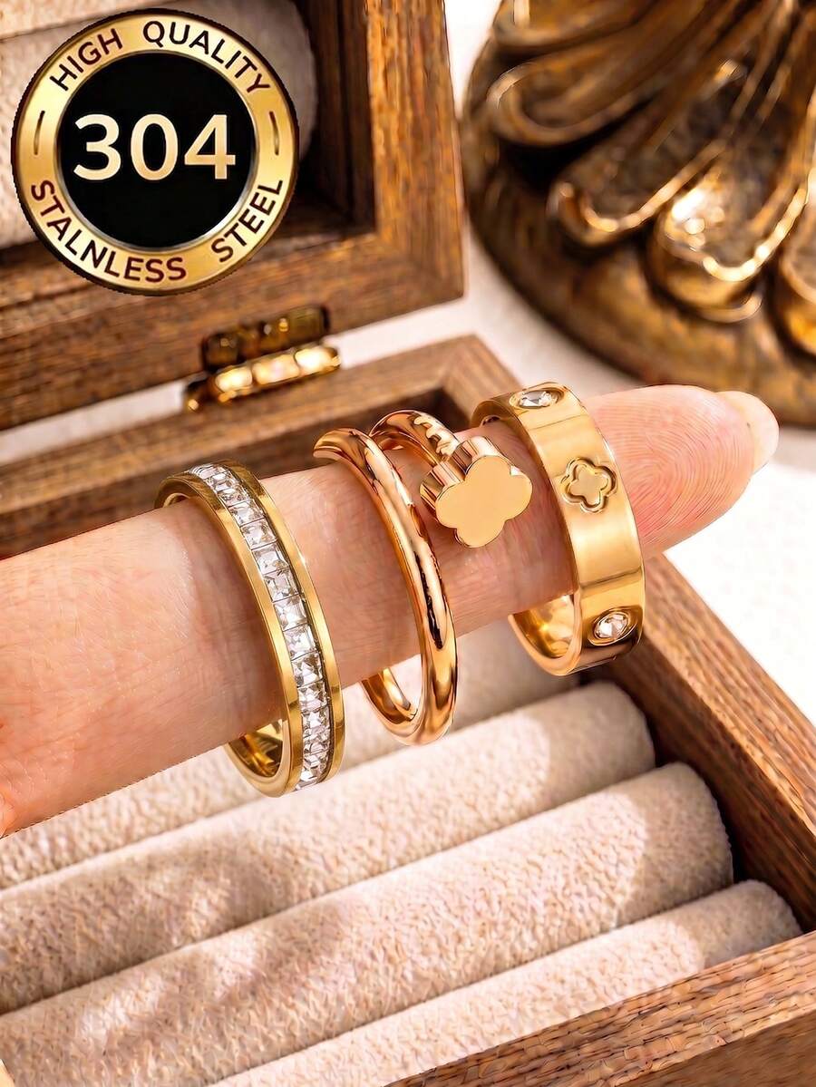 3pcs/Set Women's Rings, Long-Lasting Color, 18K Stainless Steel Fashion Elegant Rings For Summer, Size 6-10, Wedding Rings