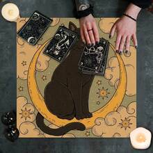 1pc Vintage Black Cat On Crescent Moon Tarot Cloth Cloud Star Celestial Altar Mat Soft Fabric Tarot Spread Table Cloth Witch Spiritual Divination Card Mat Home Ritual Decor Gift - Black - View 6