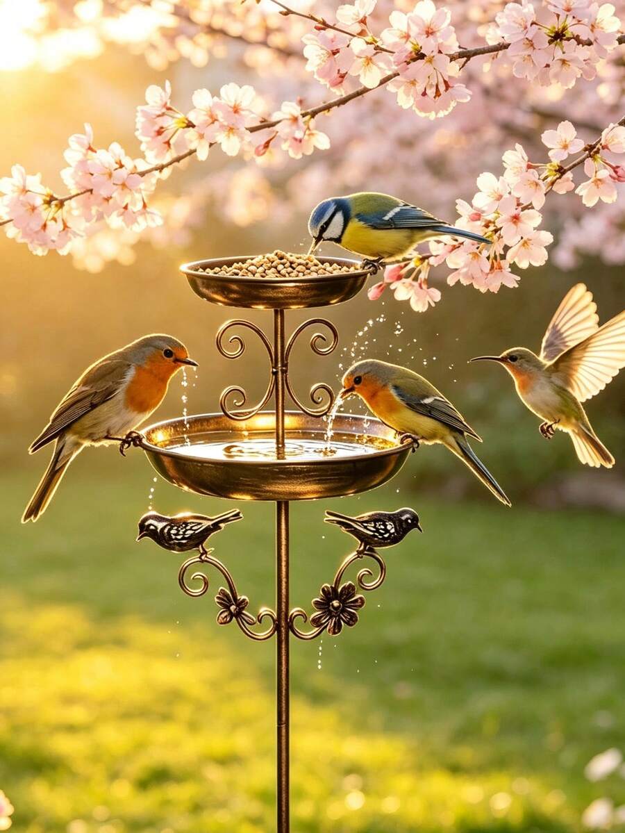 1pc Vintage Iron Double-Layer Bird Bath, Bird Feeder & Bathing Bowl, Balcony Garden Decor, Gift For Bird Lovers, Spring Courtyard Essential