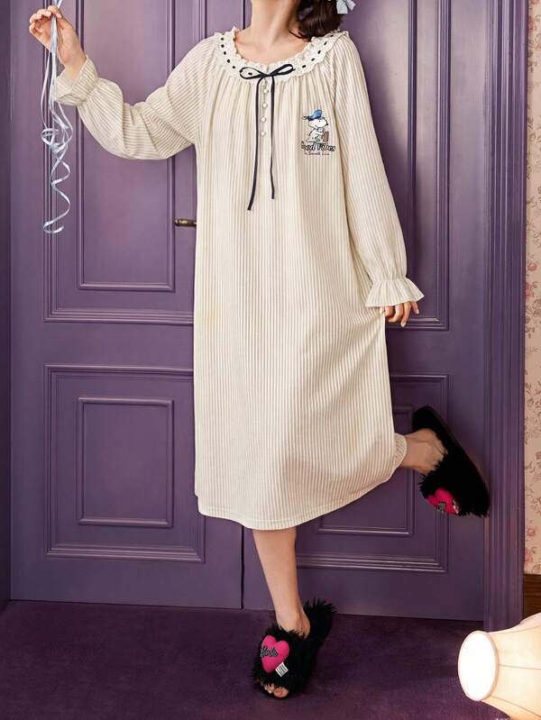 Gongdie Snoopy Women Nightgown,Spring Fall Pinstriped Soft Cotton With Ruffled Cuffs And Lace-Trimmed Neck Loungewea